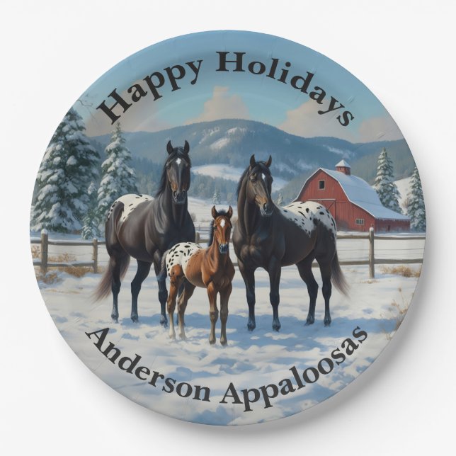 Black Appaloosa Horses on a Farm in Winter Paper Plates (Front)