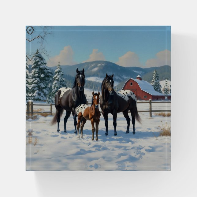 Black Appaloosa Horses on a Farm in Winter Paperweight (Front)