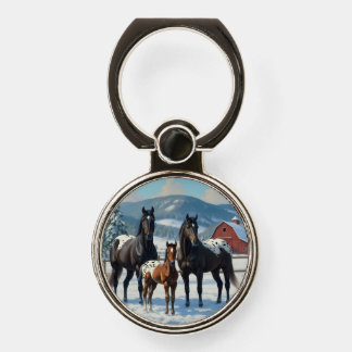 Black Appaloosa Horses on a Farm in Winter Phone Ring Stand