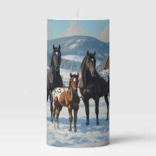 Black Appaloosa Horses on a Farm in Winter Pillar Candle