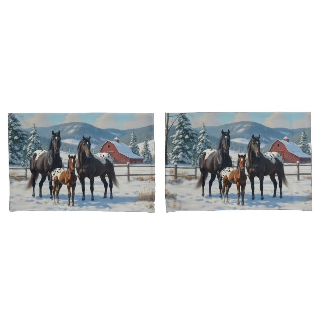 Black Appaloosa Horses on a Farm in Winter Pillow Case (Front-Set)