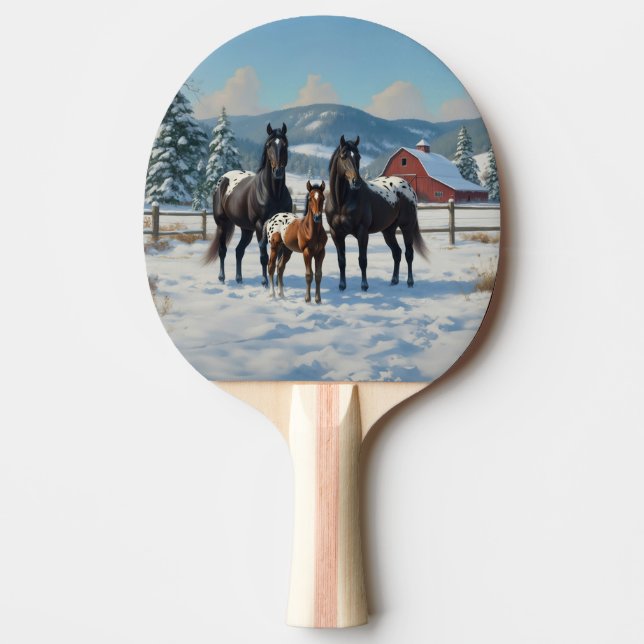 Black Appaloosa Horses on a Farm in Winter Ping Pong Paddle (Front)