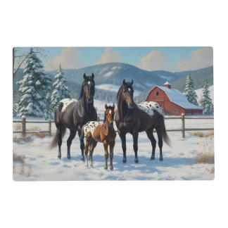 Black Appaloosa Horses on a Farm in Winter Placemat