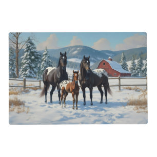 Black Appaloosa Horses on a Farm in Winter Placemat