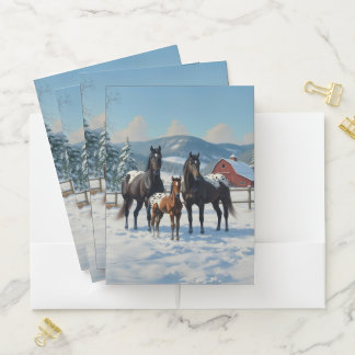 Black Appaloosa Horses on a Farm in Winter Pocket Folder