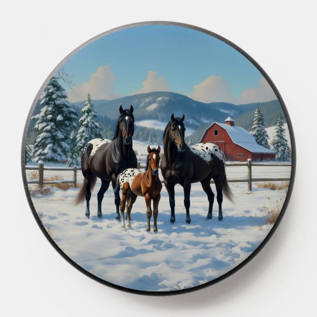 Black Appaloosa Horses on a Farm in Winter PopSocket (Popsocket)