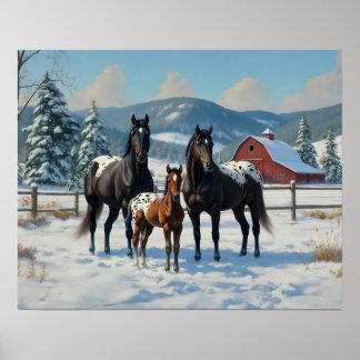 Black Appaloosa Horses on a Farm in Winter Poster