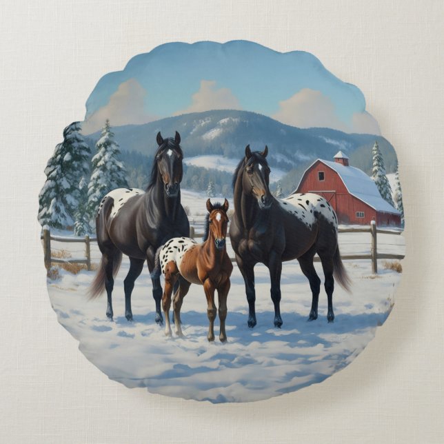 Black Appaloosa Horses on a Farm in Winter Round Pillow (Front)
