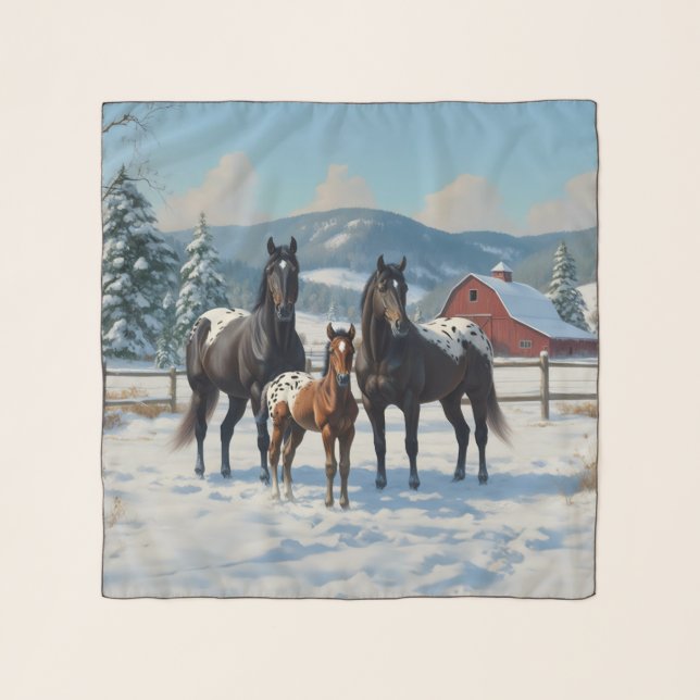 Black Appaloosa Horses on a Farm in Winter Scarf (Front)