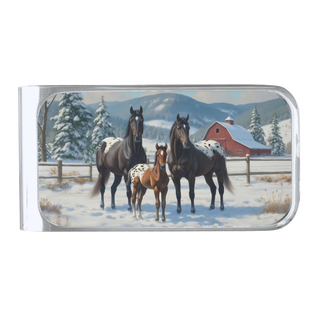 Black Appaloosa Horses on a Farm in Winter Silver Finish Money Clip (Front)