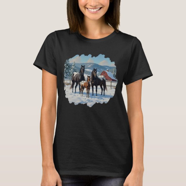 Black Appaloosa Horses on a Farm in Winter T-Shirt (Front)