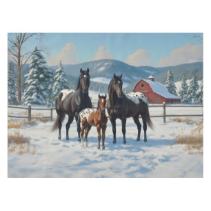 Black Appaloosa Horses on a Farm in Winter Tablecloth