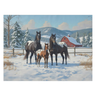 Black Appaloosa Horses on a Farm in Winter Tablecloth