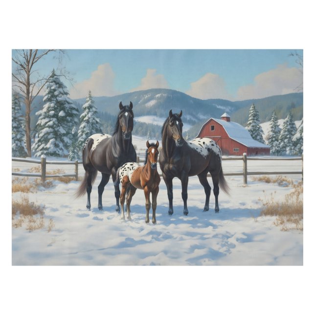 Black Appaloosa Horses on a Farm in Winter Tablecloth (Front (Horizontal))