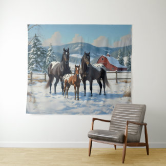 Black Appaloosa Horses on a Farm in Winter Tapestry