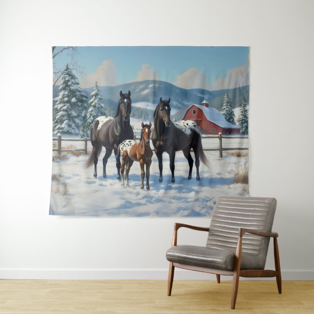 Black Appaloosa Horses on a Farm in Winter Tapestry (In Situ (Horizontal))