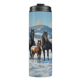 Black Appaloosa Horses on a Farm in Winter Thermal Tumbler