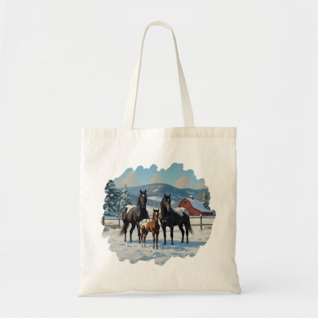 Black Appaloosa Horses on a Farm in Winter Tote Bag (Front)