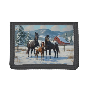 Black Appaloosa Horses on a Farm in Winter Tri-fold Wallet