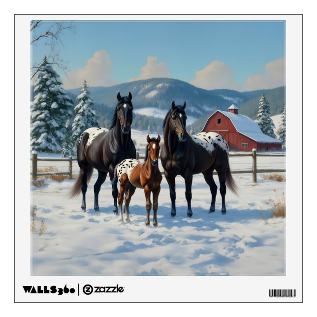 Black Appaloosa Horses on a Farm in Winter Wall Decal (Front)
