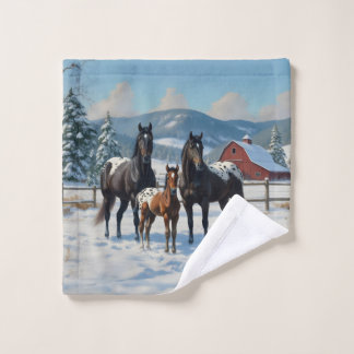 Black Appaloosa Horses on a Farm in Winter Wash Cloth