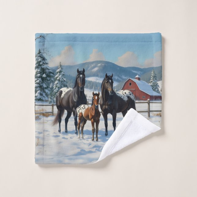 Black Appaloosa Horses on a Farm in Winter Wash Cloth (Wash Cloth)