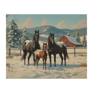 Black Appaloosa Horses on a Farm in Winter Wood Wall Art