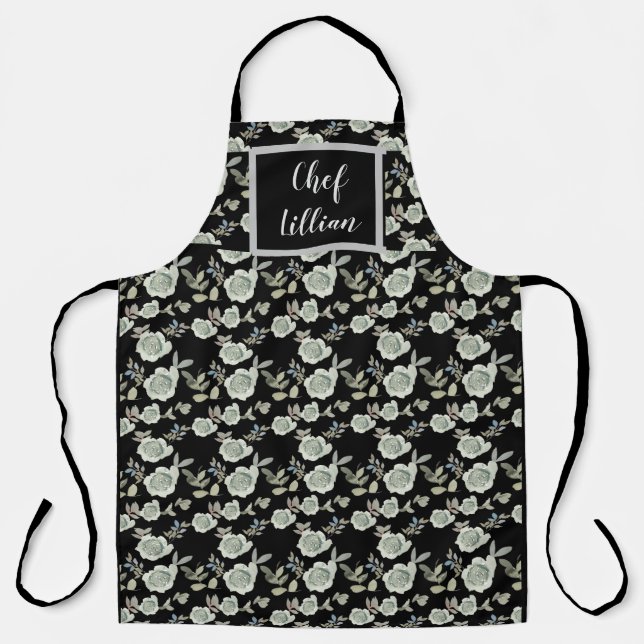 Black Apron with Grey Floral Print Custom (Front)