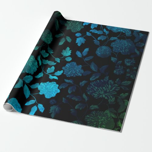 Black Aqua Blue Ombre Modern Vintage Floral Toile Wrapping Paper