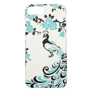 Black, aqua blue peacock & cherry blossoms iPhone 8/7 case