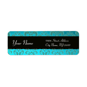 BLACK AQUA BLUE TEAL DAMASK LABEL