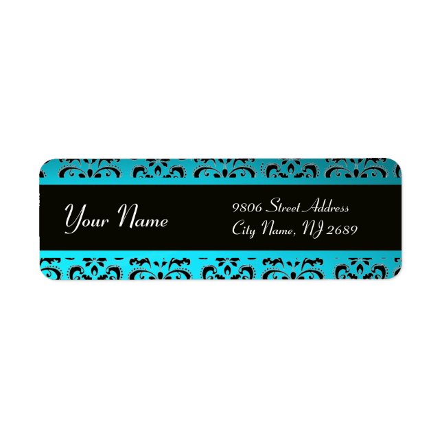 BLACK AQUA BLUE TEAL DAMASK LABEL (Front)