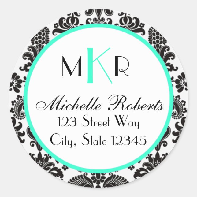 Black & Aqua Damask Round Return Address Label (Front)