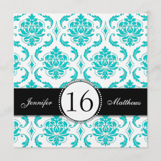 Black Aqua Damask Sweet Sixteen Party Invitation