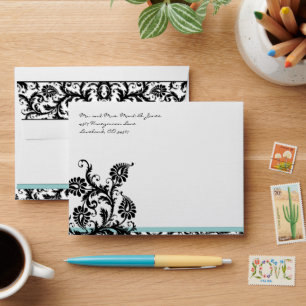 Black Aqua Damask Wedding Envelopes Black Inside