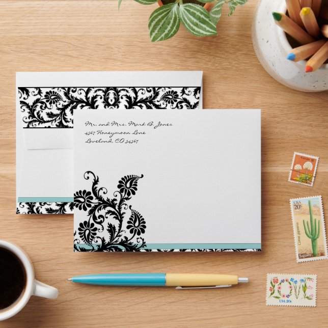 Black Aqua Damask Wedding Envelopes Black Inside (Desk)