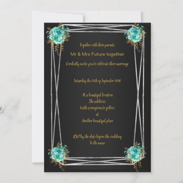 BLACK AQUA GOLD ELEGANT WEDDING INVITATION (Front)
