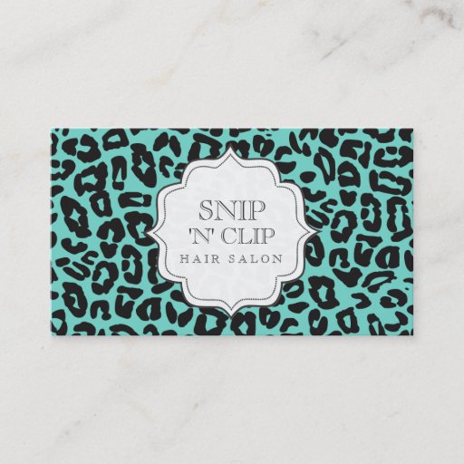 Customizable Black &amp; Aqua Leopard Print Hair Stylist Cards Business Card Template