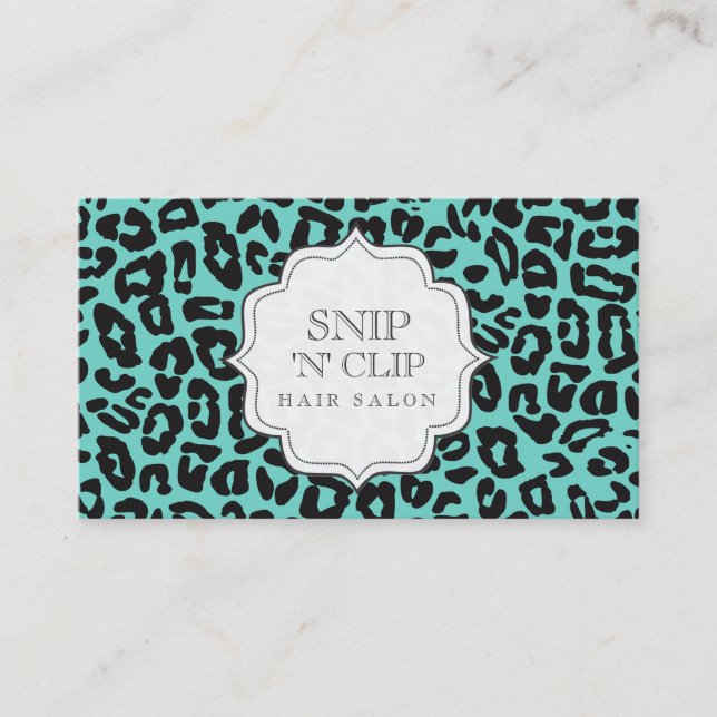 Black & Aqua Leopard Print Hair Stylist Cards (Front)