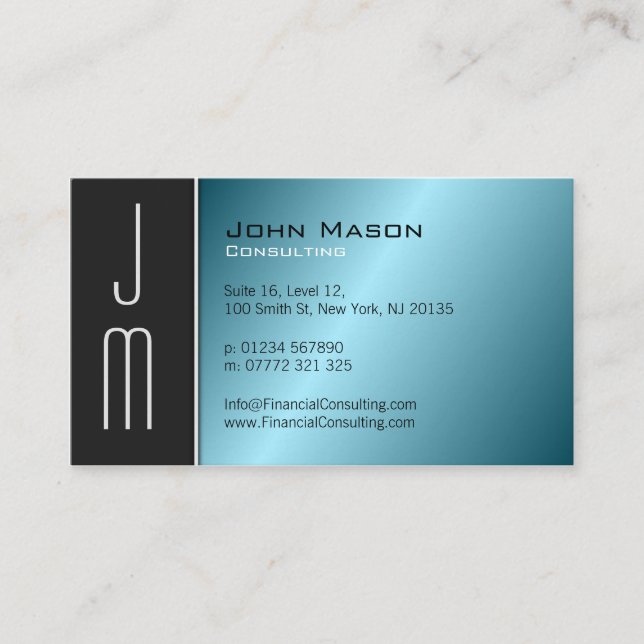 Black Aqua Monogram Professional Business Card (Front)