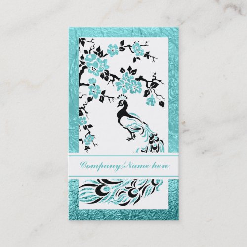 Black, aqua peacock and cherry blossoms business cards