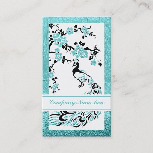 Customizable Black, aqua peacock and cherry blossoms business cards