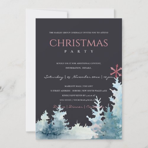 BLACK AQUA PINE TREE SNOWY FOREST CHRISTMAS PARTY HOLIDAY CARD