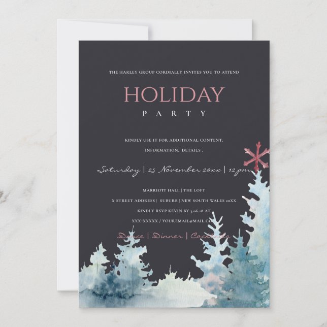 BLACK AQUA PINE TREE SNOWY FOREST CHRISTMAS PARTY HOLIDAY CARD (Front)