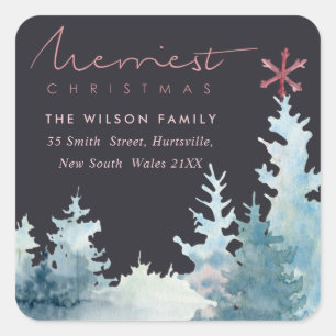 BLACK AQUA PINK FOREST STAR PINE CHRISTMAS ADDRESS SQUARE STICKER