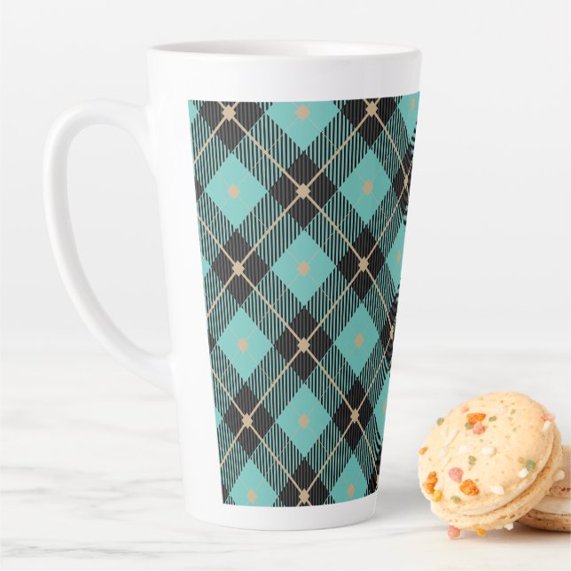Black Aqua Plaid Pattern  Latte Mug (In Situ)