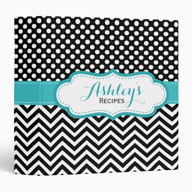 Black Aqua Polka Dots Chevron Recipe Binder (Front/Spine)