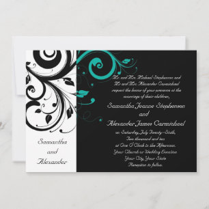 Black Aqua Swirl Wedding Traditional Invitation