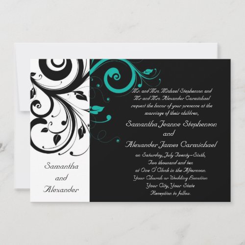 Black Aqua Swirl Wedding Traditional Custom Announcement