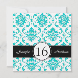 Black Aqua White Damask Sweet Sixteen Invitations